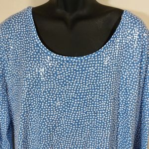 Blue with White Polka dots , Sequins, Scoop Neck, Long Sleeves Top, size XXL